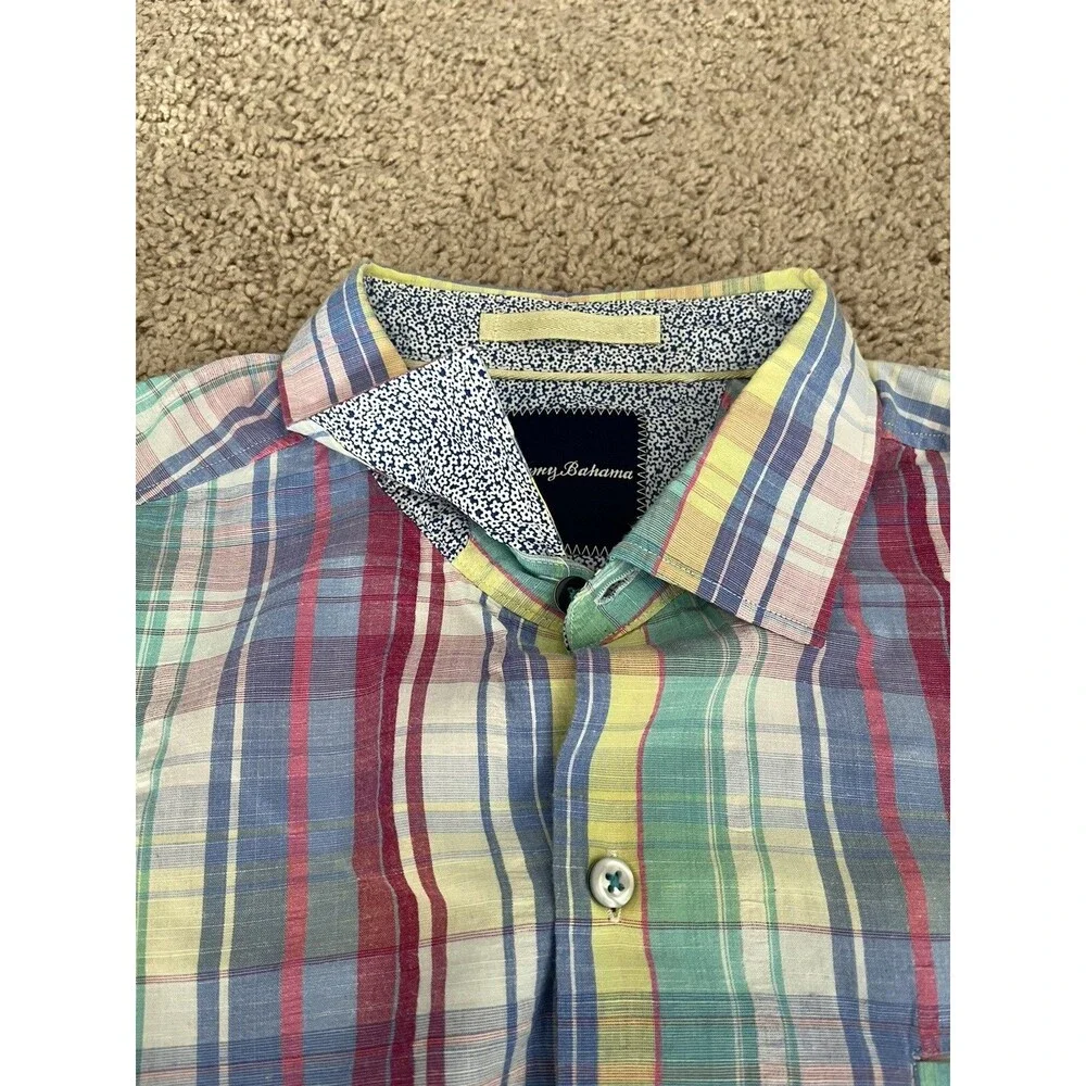TOMMY BAHAMA Madras Plaid Multicolor Cotton Silk Shirt Pocket Men’s Size Large - Picture 5 of 11